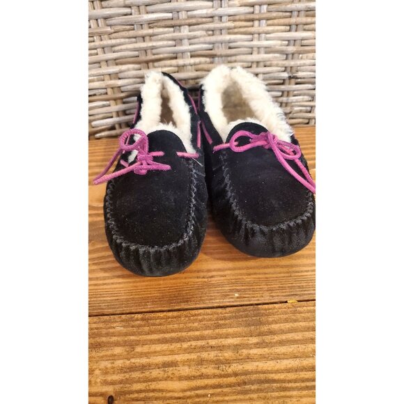 UGG Womens Black Suede Moccasin Slippers Pink Laces Shearling Lining Size 5 - Picture 1 of 8